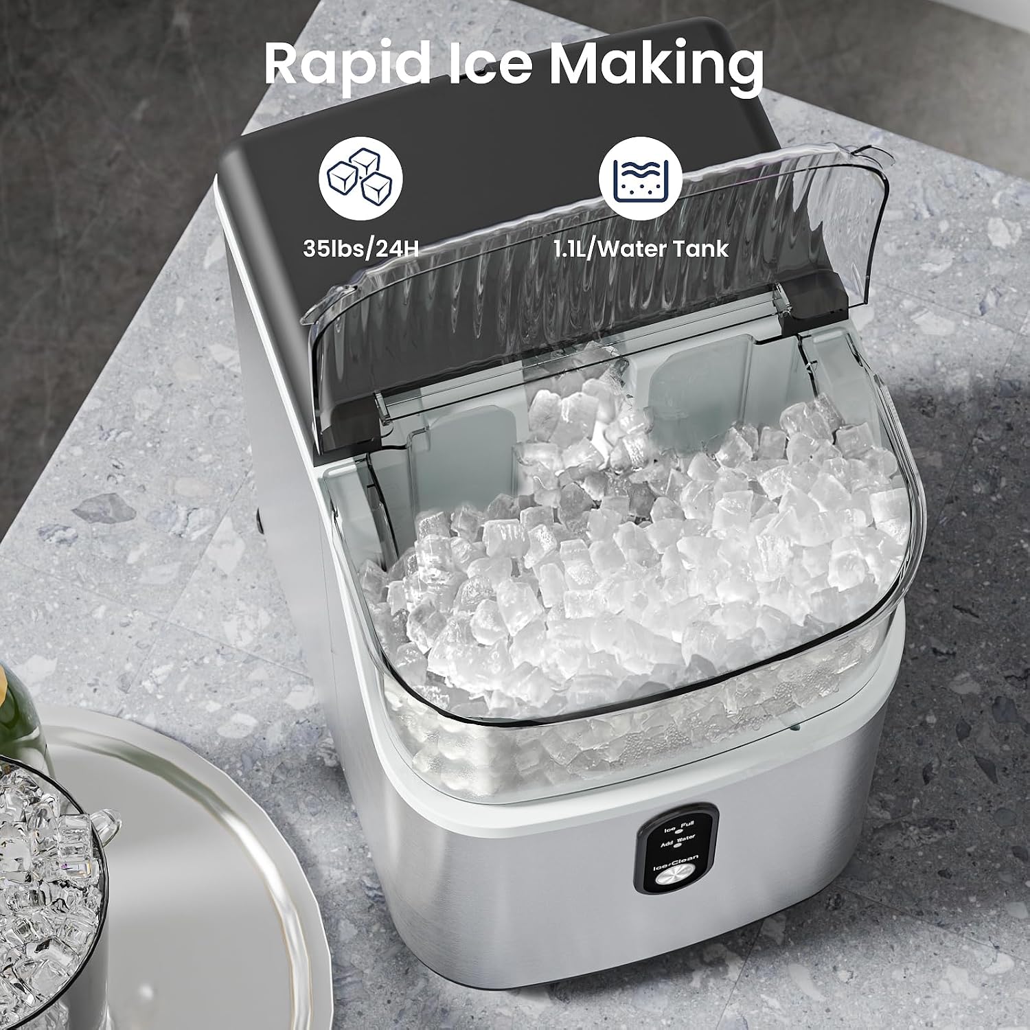 Antarctic Star Nugget Ice Makers Countertop, Portable Ice Maker Machine with Self-Cleaning, 35lbs/24H, Crushed Ice Machine with Handle & Scoop for Home, Kitchen, Office and Camping(Stainless Steel)