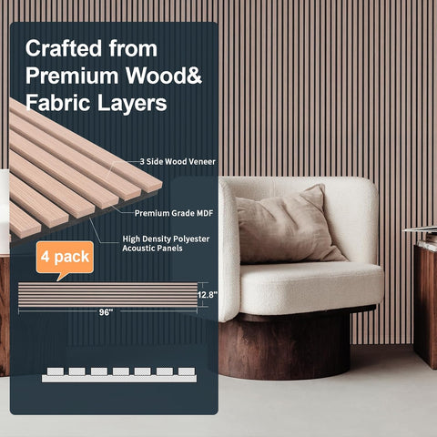 NeatiEase Wood Slat Wall Panels, 4-Piece 96" x 12.6", Soundproof Acoustic Wall Panels for Interior Decor, Noise Cancelling (Rustic Oak)