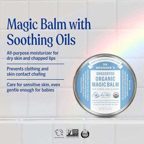 Dr. Bronner's - Organic Magic Balm - Baby Unscented, Made with Organic Beeswax & Hemp Oil, Moisturizes & Soothes Hands, Face & Body (2 oz, 2-Pack)