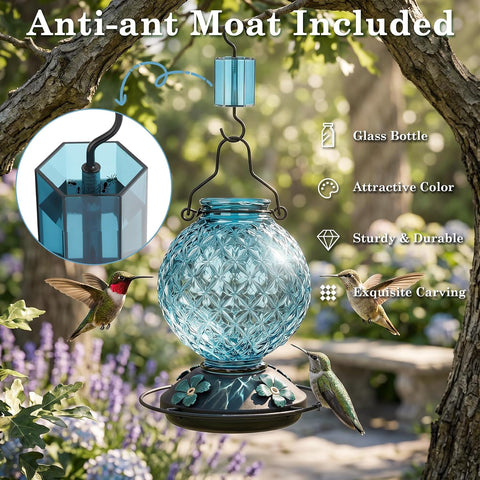 2 Pack 25 OZ Glass Hummingbird Feeder for Outdoors, Leak Proof Hummingbird Feeder with Ant Moat, 4 Bee Resistant Feeding Ports, Easy Clean Wide Mouth Design, Hanging Nectar Feeder, Blue