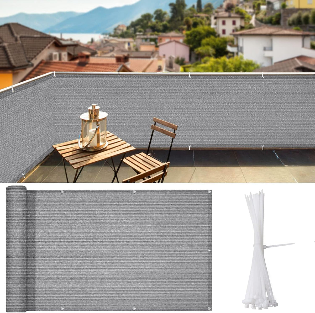iCover 3x10ft Balcony Privacy Screen Fence, UV-Resistant Railing Fencing Cover for Porch Deck Patio Garden Backyard, Cable Zip Ties Included, Grey