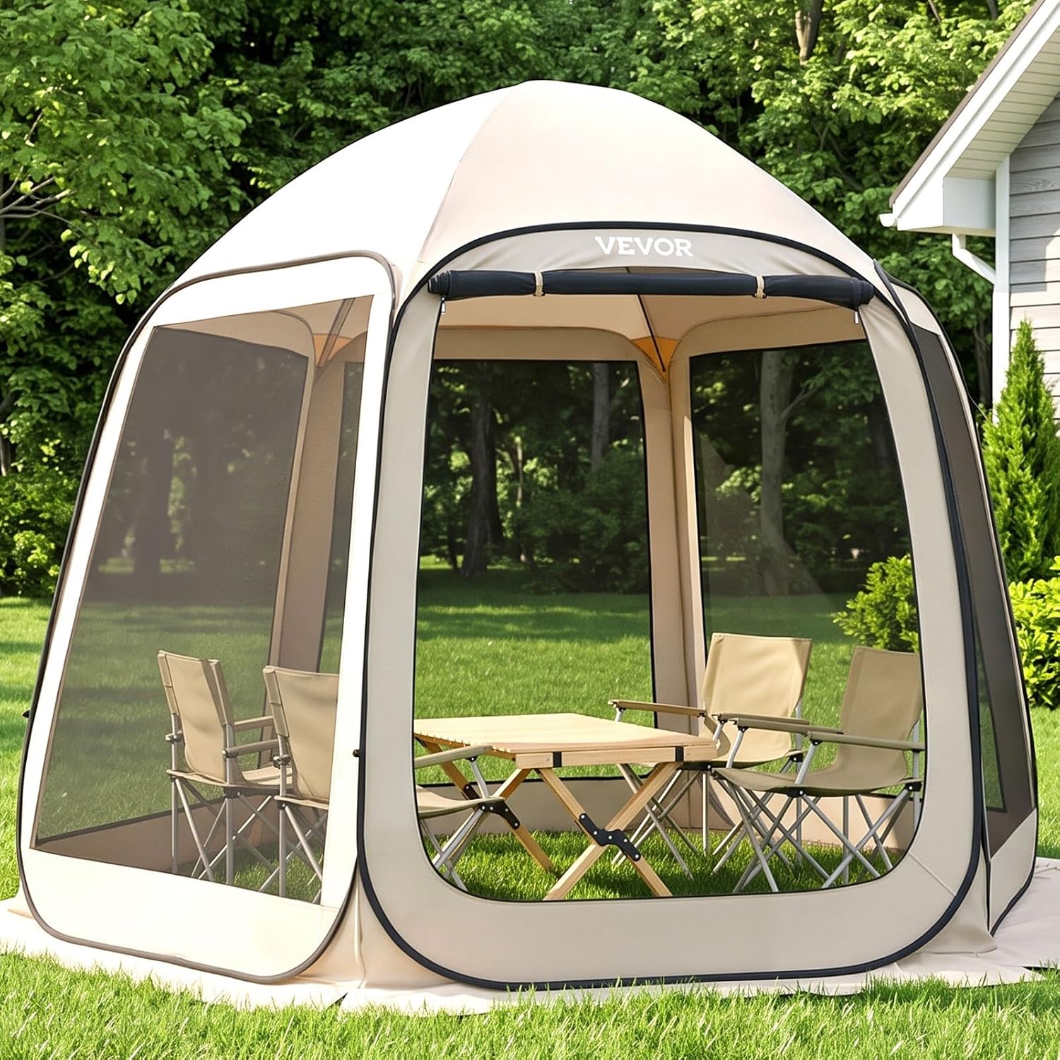 VEVOR Pop up Screen House Tent, 10 x 9.2 ft, 4-8 Person Screen Gazebo, Portable Screened in Canopy with Carry Bag, Netting Sides, Ground Stakes, for Garden, Patio, Backyard, Outdoor Activities, Beige