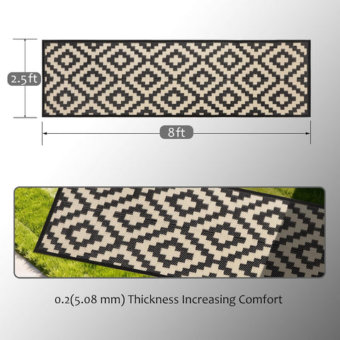 SAND MINE Reversible Mats, Plastic Straw Rug, Modern Area Rug, Large Floor Mat and Rug for Outdoors, RV, Patio, Backyard, Deck, Picnic, Beach, Trailer, Camping (2.5' x 8', Black & Beige Lattice)