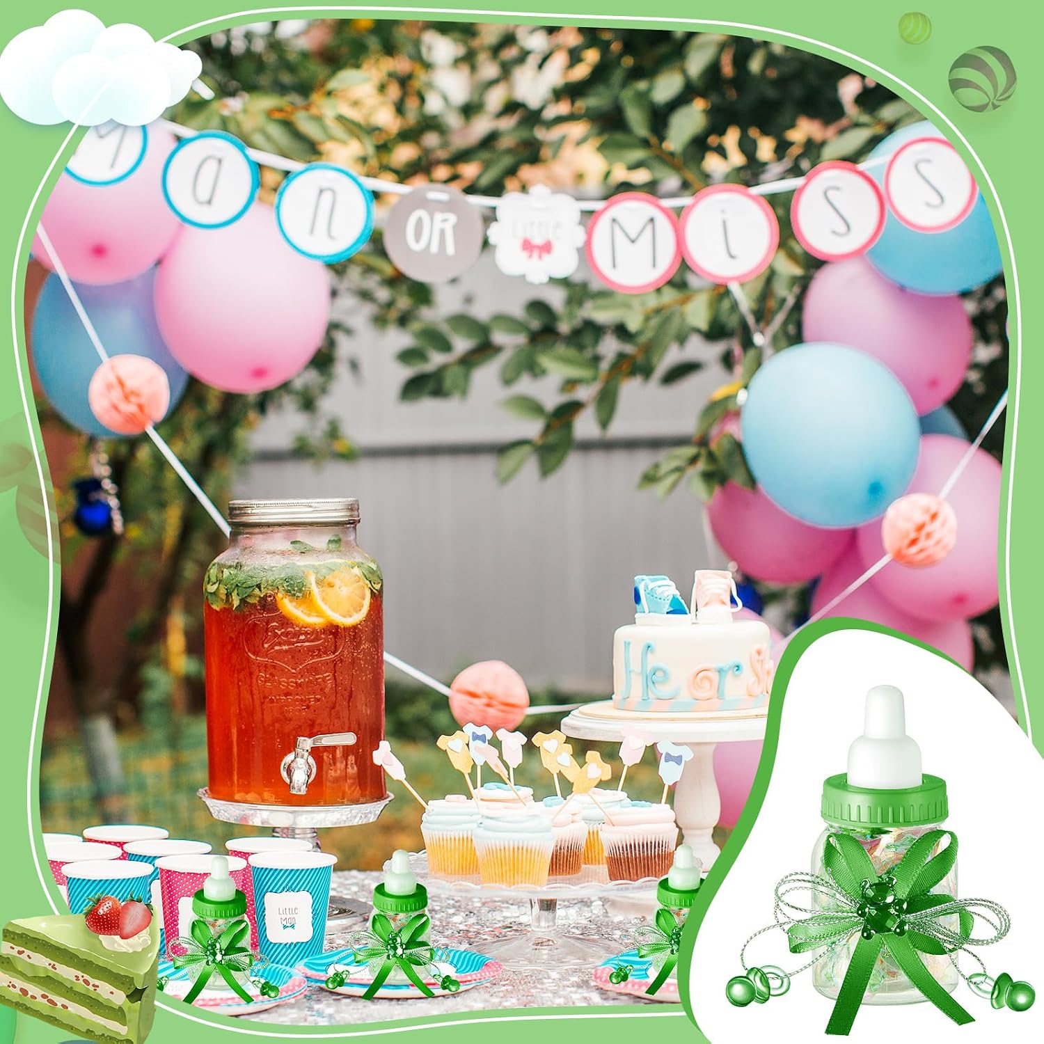 Nuenen 48 Pcs Baby Shower Milk Bottles with Ribbon Plastic Bear Candy Bottles Baby Shower Favors Gender Reveal Wedding Birthday Party Decorations(Green)