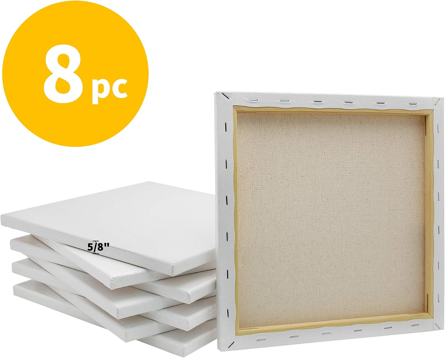 FIXSMITH Stretched White Blank Canvas- 12x12 Inch,Bulk Pack of 8,Primed,100% Cotton,5/8 Inch Profile of Super Value Pack for Acrylics,Oils & Other Painting Media