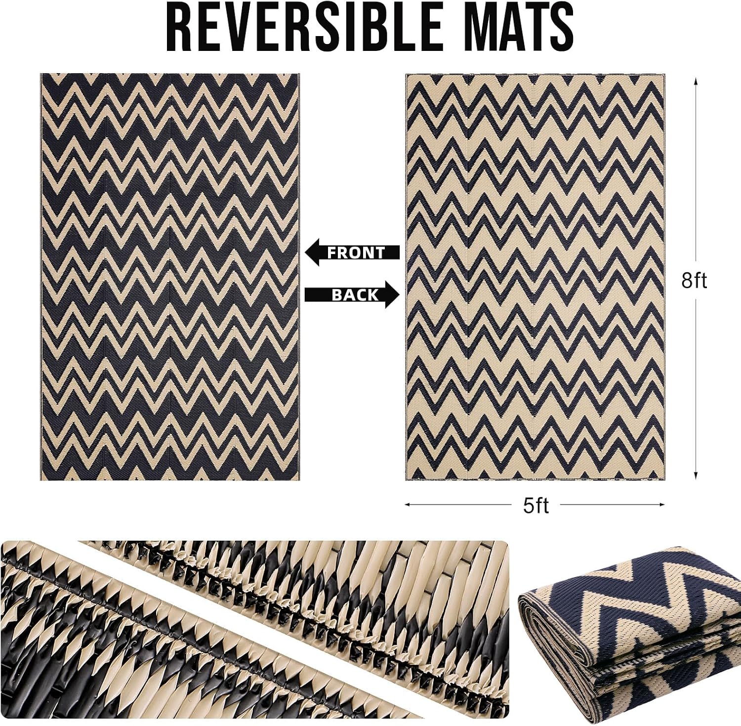 OLANLY Outdoor Rug 5x8 ft Waterproof Reversible Chevron Mat, Black & Beige