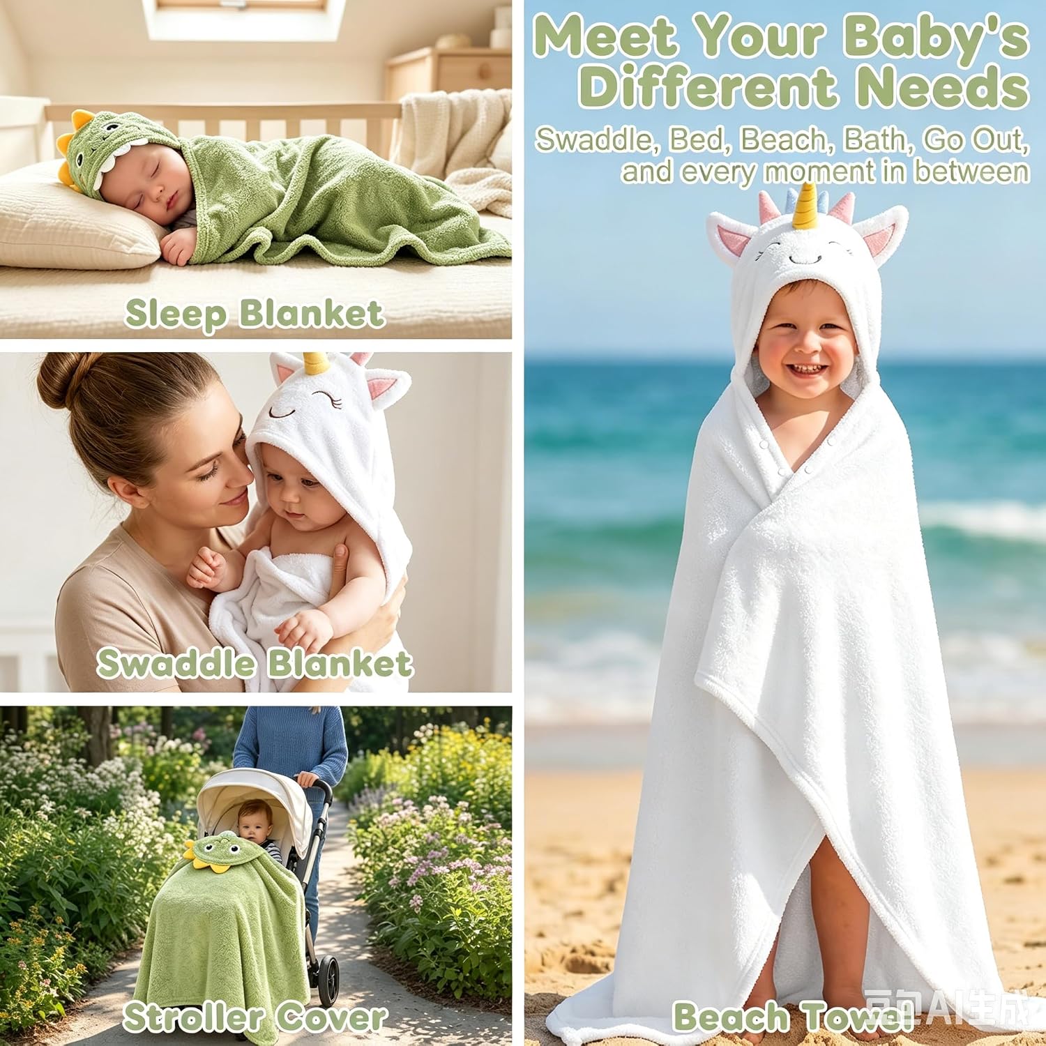 8 PCS Toddler Towels Set for Boy Girl 0-5 Year Essentials (Green & White)