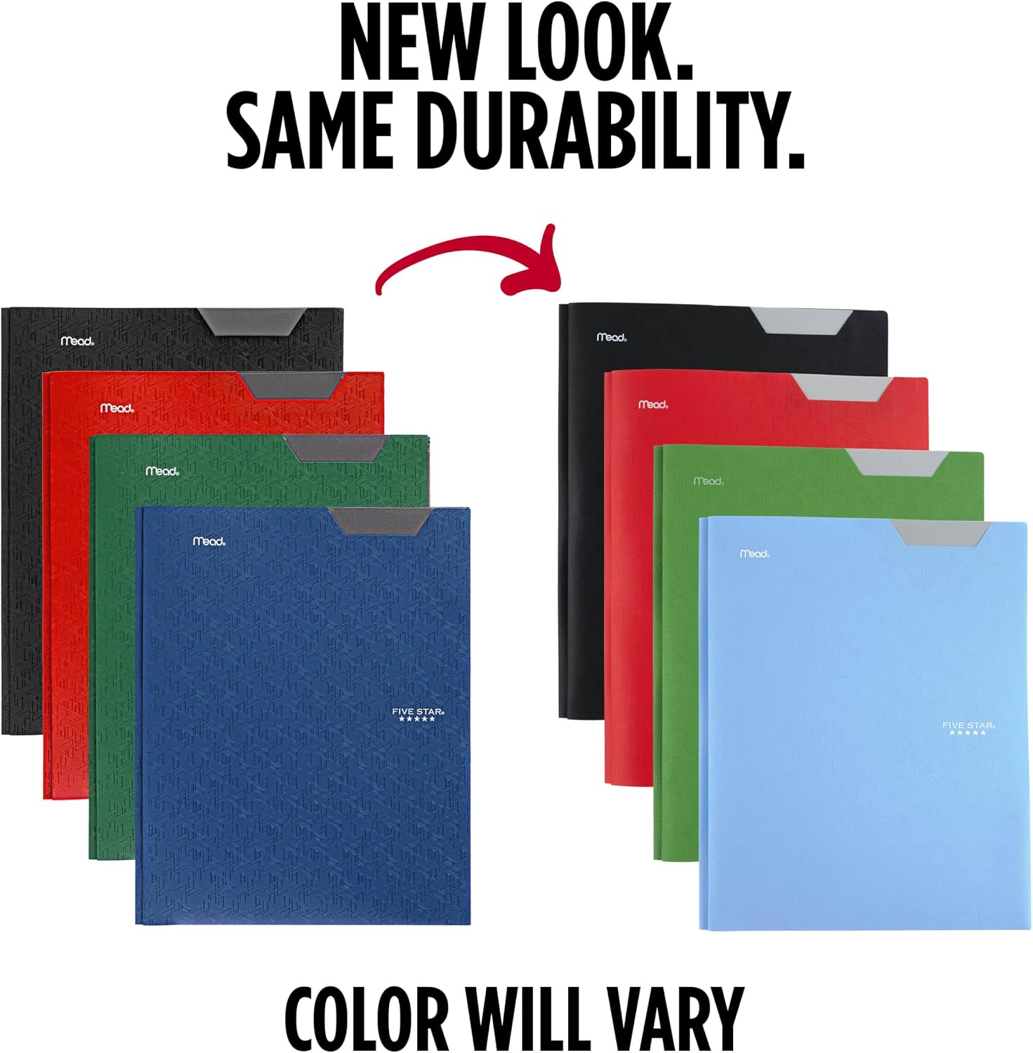 Five Star 2-Pocket Plastic Folder with Stay-Put Tabs and Prong Fasteners, Holds 8.5" x 11" Paper, Assorted Colors, 4 Pack (340300A)