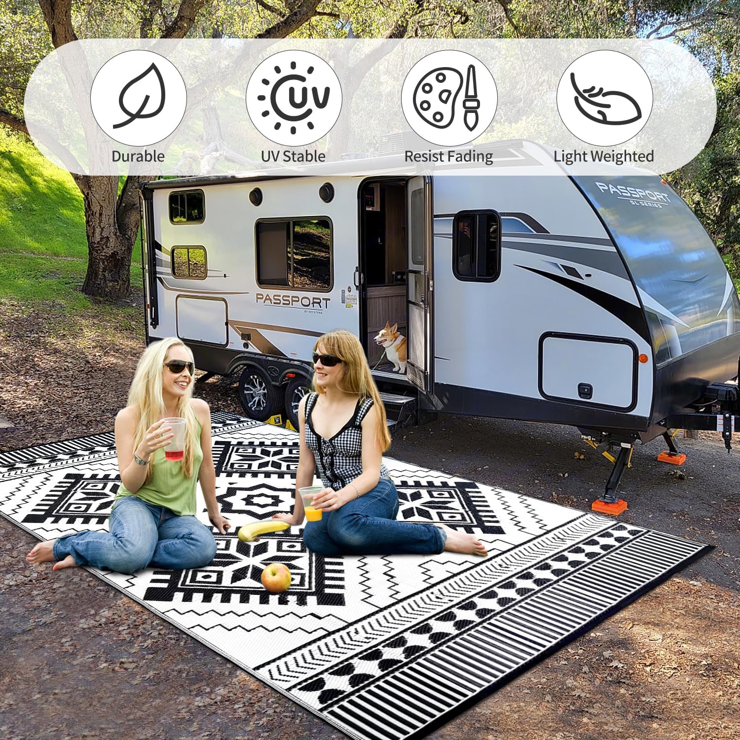 Waterproof Outdoor Rug 9x12ft, Boho Reversible Plastic Straw Mat for Patio RV Deck Porch Backyard Balcony Camping Picnic Beach Indoor Outdoor Carpet, Black&White
