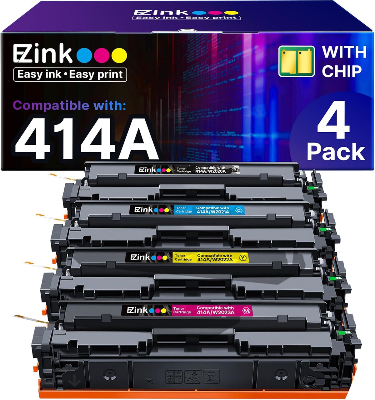 E-Z Ink 414A Toner Cartridges Compatible for HP 414A 414X W2020X, 4 Pack