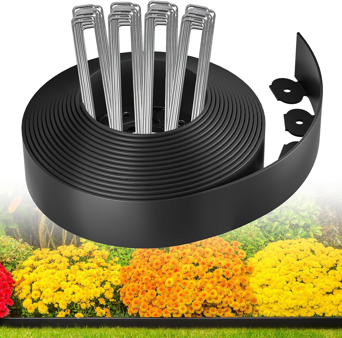 MIXC Garden Edging Border, 33FT 2 Inch Tall Plastic Landscape Edging with 50 U-Shaped Metal Stakes, More Stable and Flexible Tool-Free Lawn Border for Yard, Flower Bed & Landscaping