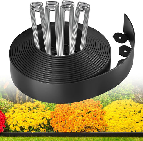 MIXC Garden Edging Border, 33FT 2 Inch Tall Plastic Landscape Edging with 50 U-Shaped Metal Stakes, More Stable and Flexible Tool-Free Lawn Border for Yard, Flower Bed & Landscaping