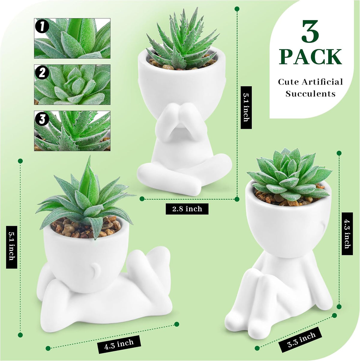 Der Rose 3 Pack Fake Succulents in White Human-Shaped Pots for Desk Decor