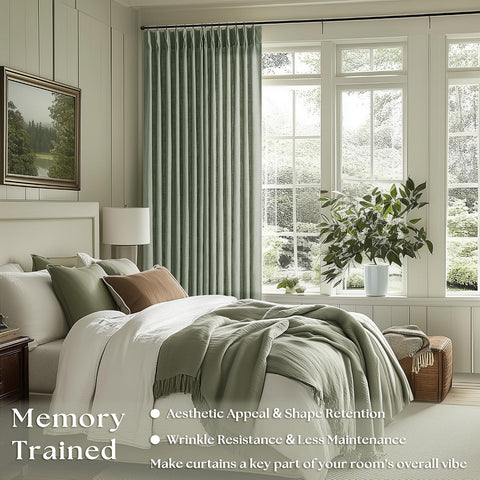 Sage Green Linen Curtains Pinch Pleated 84 Inches Long 2 Panels Set 40x84
