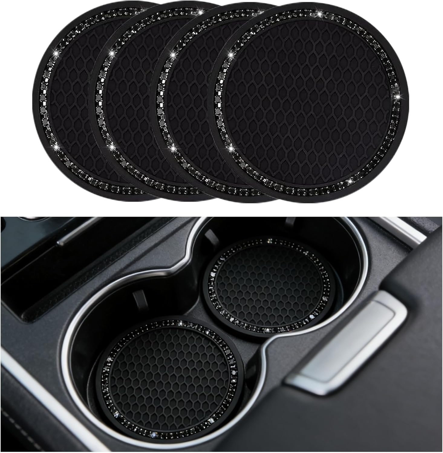 Yousheng 2PCS Bling Car Cup Coaster, Universal Holder Insert Rhinestone Anti Slip Silicone Accessories Suitable for Most Interior, Best Gift Women, Black and Pink