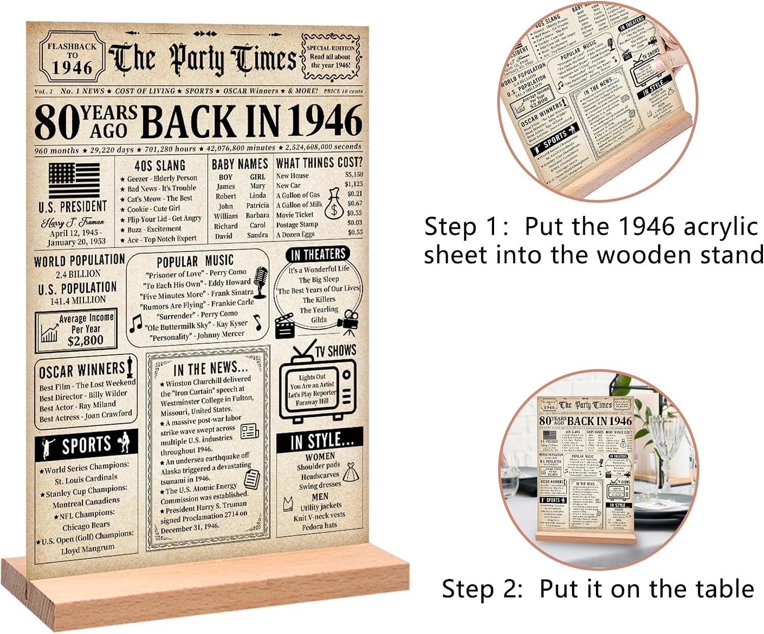 Trgowaul Vintage 80th Birthday Back in 1946 Poster Acrylic Table Sign