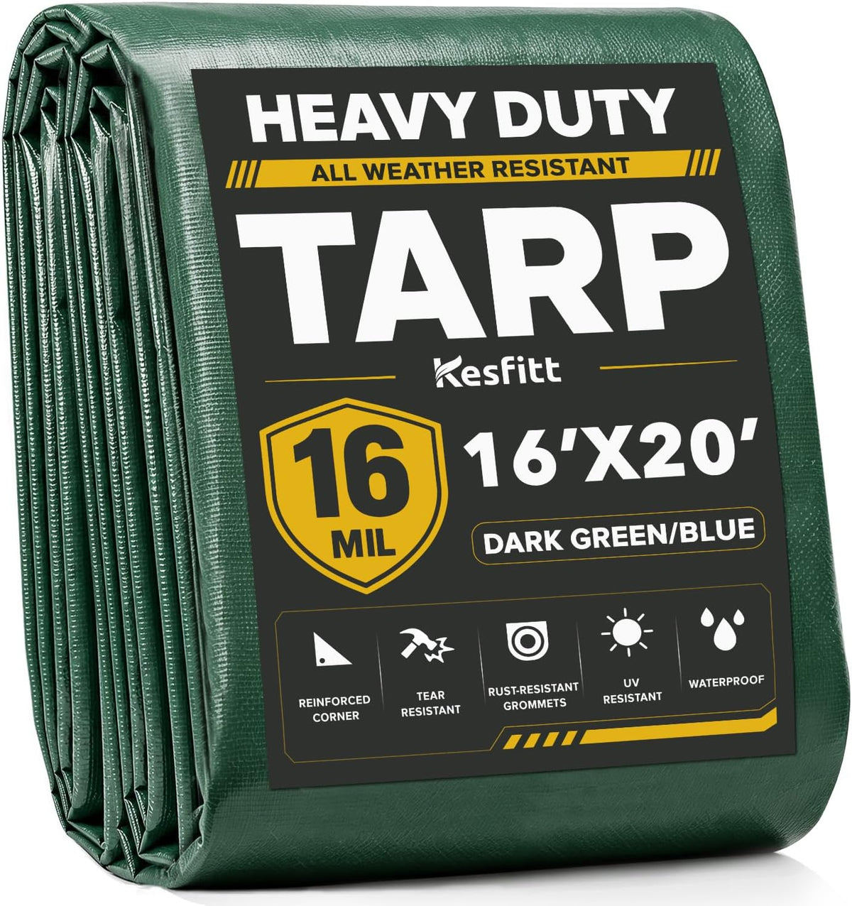 Kesfitt 16 Mil Heavy Duty Waterproof Tarp, 16x20 FT, Dark Green & Blue