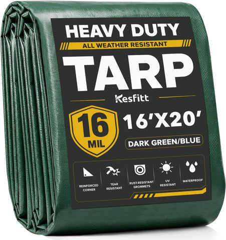 Kesfitt 16 Mil Heavy Duty Waterproof Tarp, 16x20 FT, Dark Green & Blue