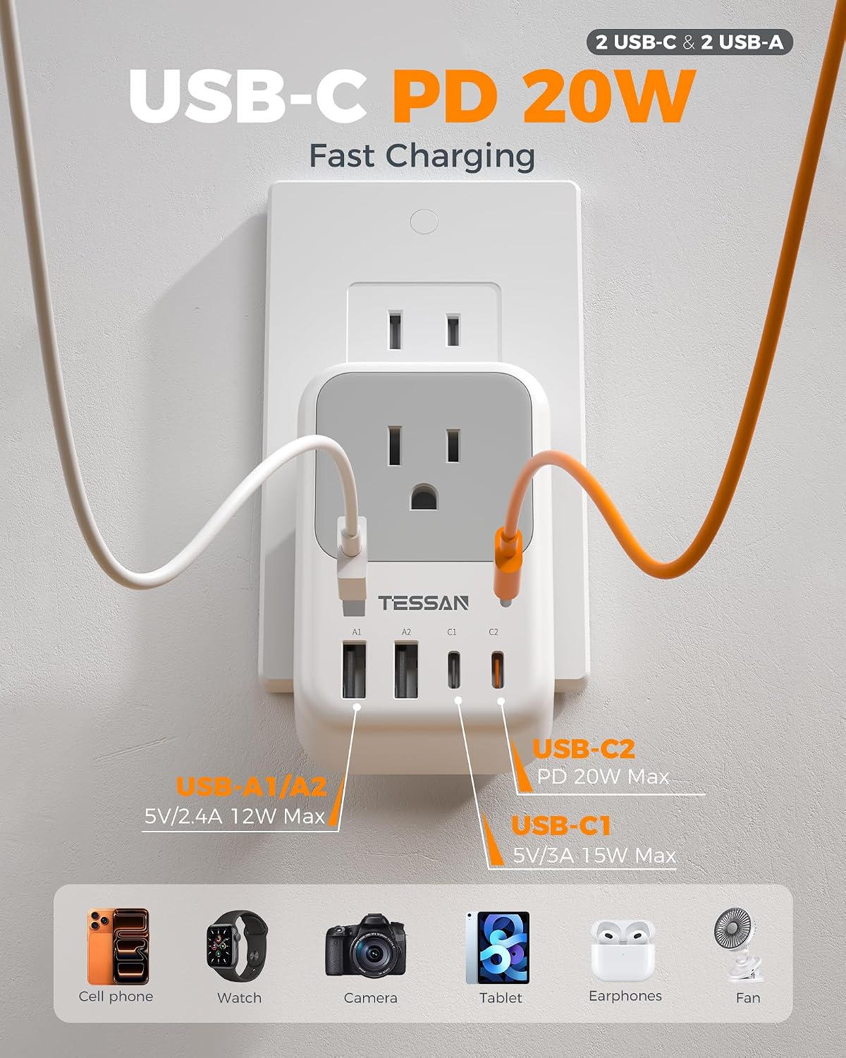 TESSAN US to Japan Plug Adapter 2 Pack, 2 Prong to 3 Prong Outlet Adapter