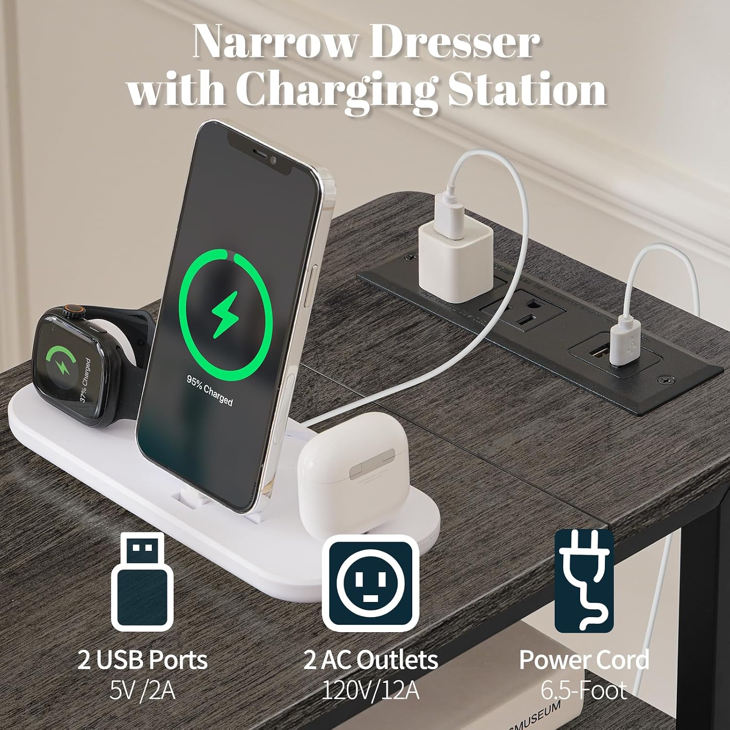 Yoobure Narrow Nightstand with Charging Station, LED Tall Narrow Side Table