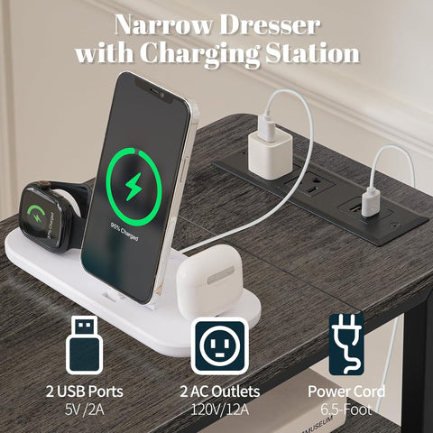 Yoobure Narrow Nightstand with Charging Station, LED Tall Narrow Side Table