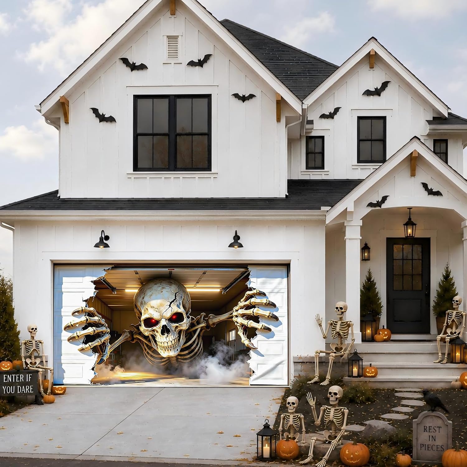 Halloween Garage Door Cover 16x7 FT, Realistic Garage Scene Design