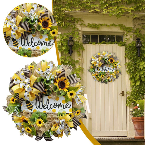 Sunflower Farmhouse Bee Wreath for Front Door, Sunflower Wreath Autumn Rustic Farmhouse Reef Outdoor Summer Gifts Home Yellow Floral Butterfly Bumble Garland