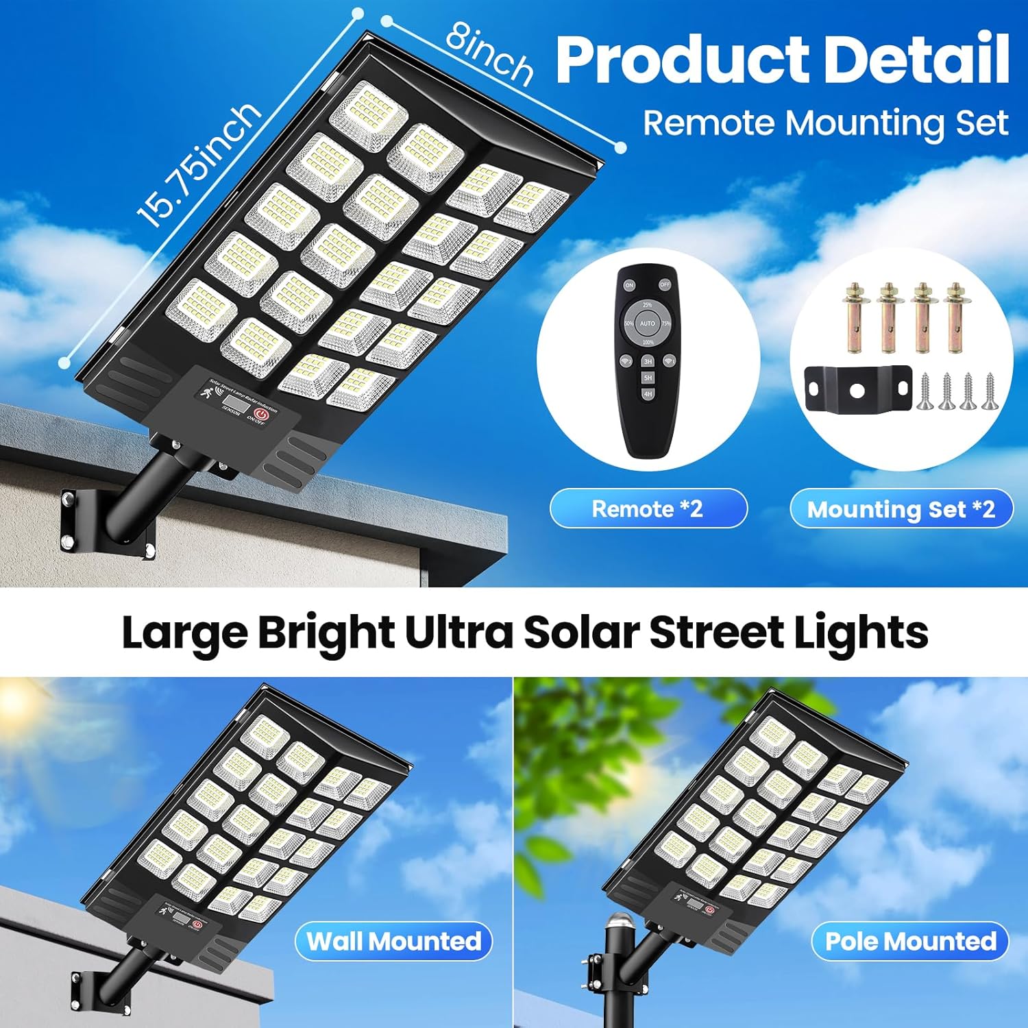 2 Pack Solar Street Lights Outdoor Waterproof, 100000LM Solar Powered Parking Lot Lights Large Street Light Dusk to Dawn with Motion Sensor, LED Flood Light Wide Angle Lamp for Patio and Parkling Lot