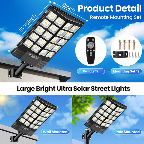 2 Pack Solar Street Lights Outdoor Waterproof, 100000LM Solar Powered Parking Lot Lights Large Street Light Dusk to Dawn with Motion Sensor, LED Flood Light Wide Angle Lamp for Patio and Parkling Lot