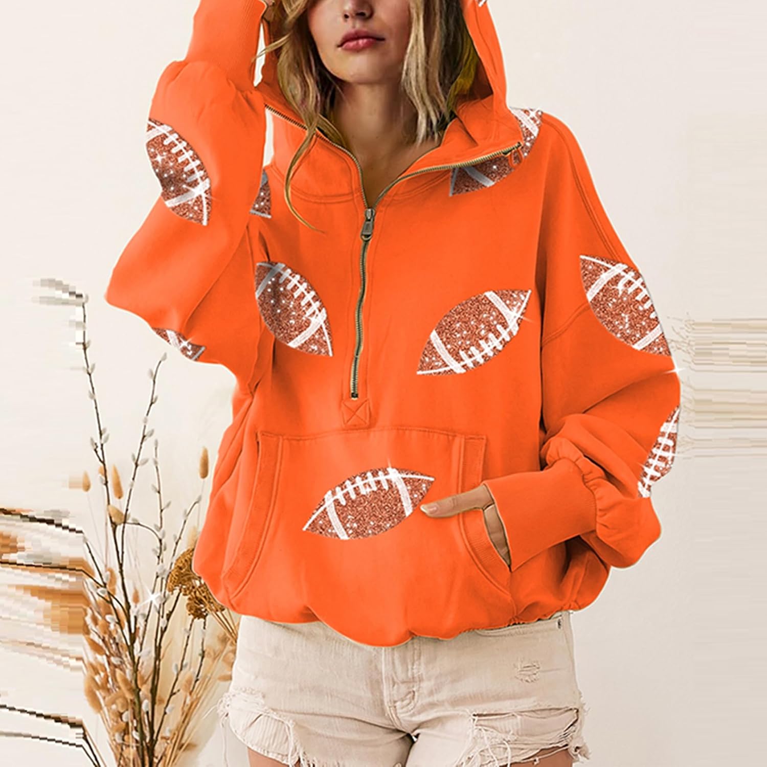 SeekMe Women Game Day Sweatshirt Sequin Football Hoodies Pullover Fall Top