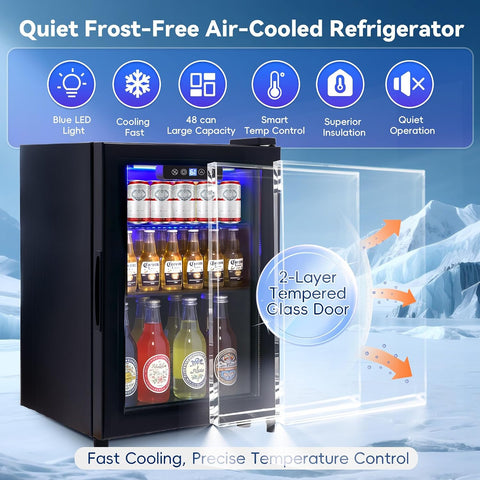 Beverage Refrigerator, 48 Can Wine Cooler with Glass Door, 1.7 Cu.Ft Mini Fridge with Digital Display, LED Light - Mini Bar for Soda, Wine, Beer, under counter Refrigerator