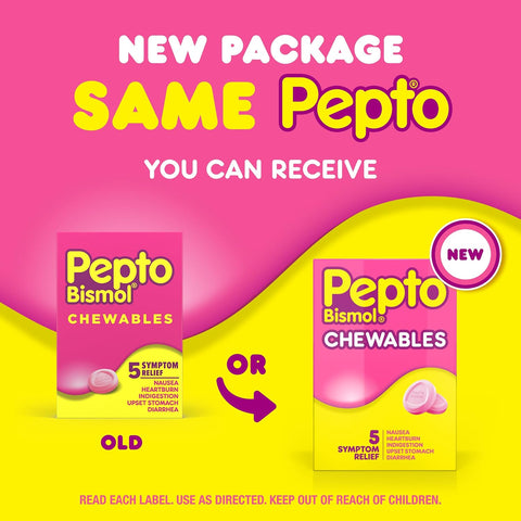 Pepto Bismol Chewable Tablets, Upset Stomach Relief, Nausea Relief, Heartburn Relief, Indigestion Relief, Anti Diarrhea Medication for Adults - 5 Symptom Relief, 12 ct