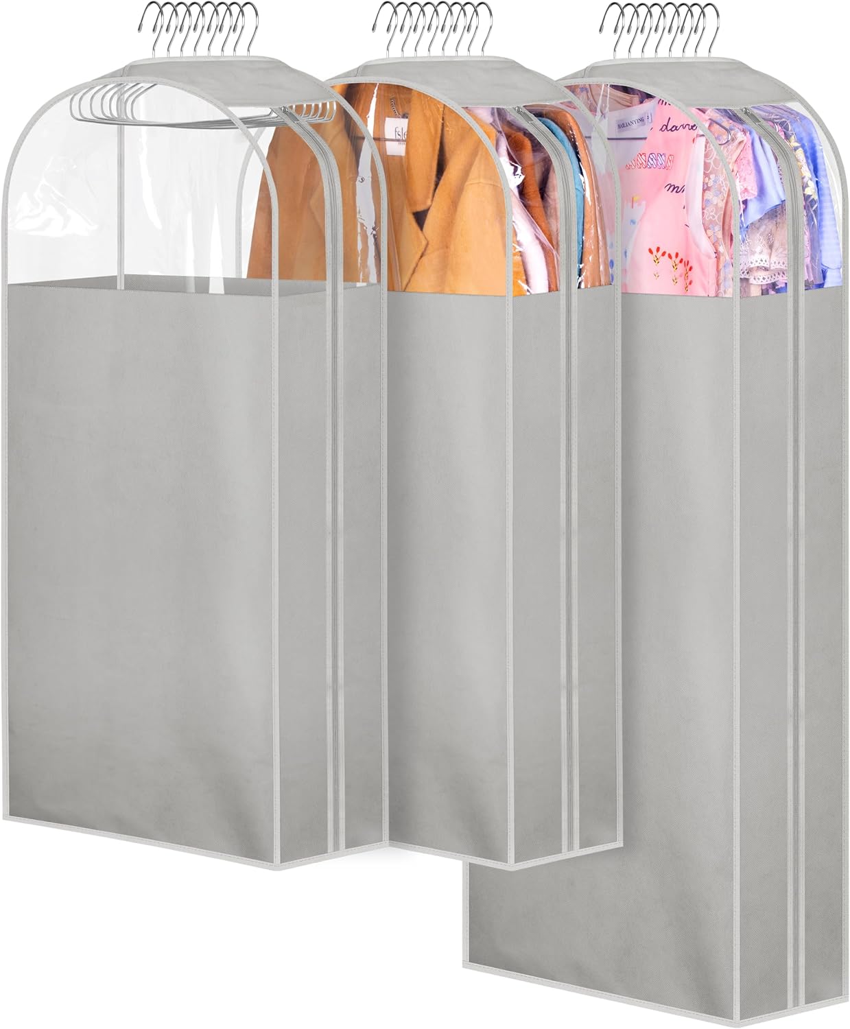 MISSLO 10" Gusseted Garment Bags for Hanging Clothes 40"+50" Clear Suit Bags for Closet Storage Dress Bag for Gowns Long Coat Protector, 3 Packs, Grey