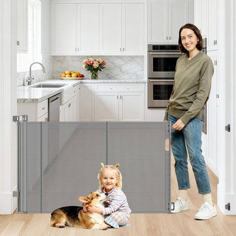 2 Pack Reinforced 55" Wide Retractable Dog Gate with Support Rods, 33" Tall Retractable Baby Gate for Dogs, No Sag and Wrinkle Mesh Child Gates for Doorways, Indoor Pet Barrier Stair Gates for Kids
