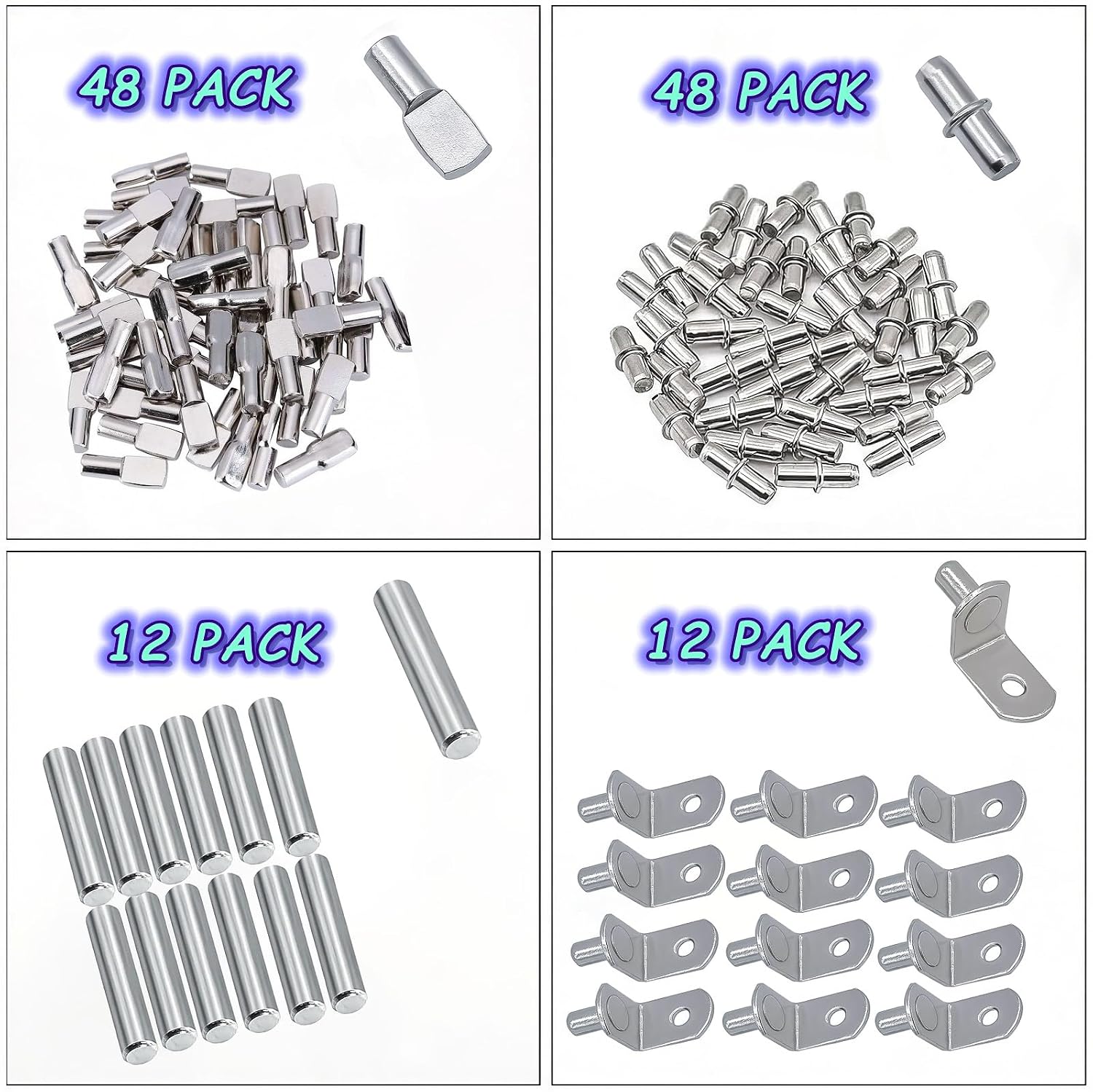 120Pcs Shelf Pins Kit,4 Styles Nickel Plated Shelf Support Pegs,Plated Shelf Pins Holders for Bookcase Kitchen Closet Shelf Shelves Furniture Cabinet，5mm (1/4 inch) cabinet shelf pegs