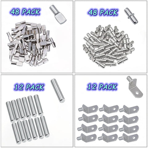 120Pcs Shelf Pins Kit,4 Styles Nickel Plated Shelf Support Pegs,Plated Shelf Pins Holders for Bookcase Kitchen Closet Shelf Shelves Furniture Cabinet，5mm (1/4 inch) cabinet shelf pegs