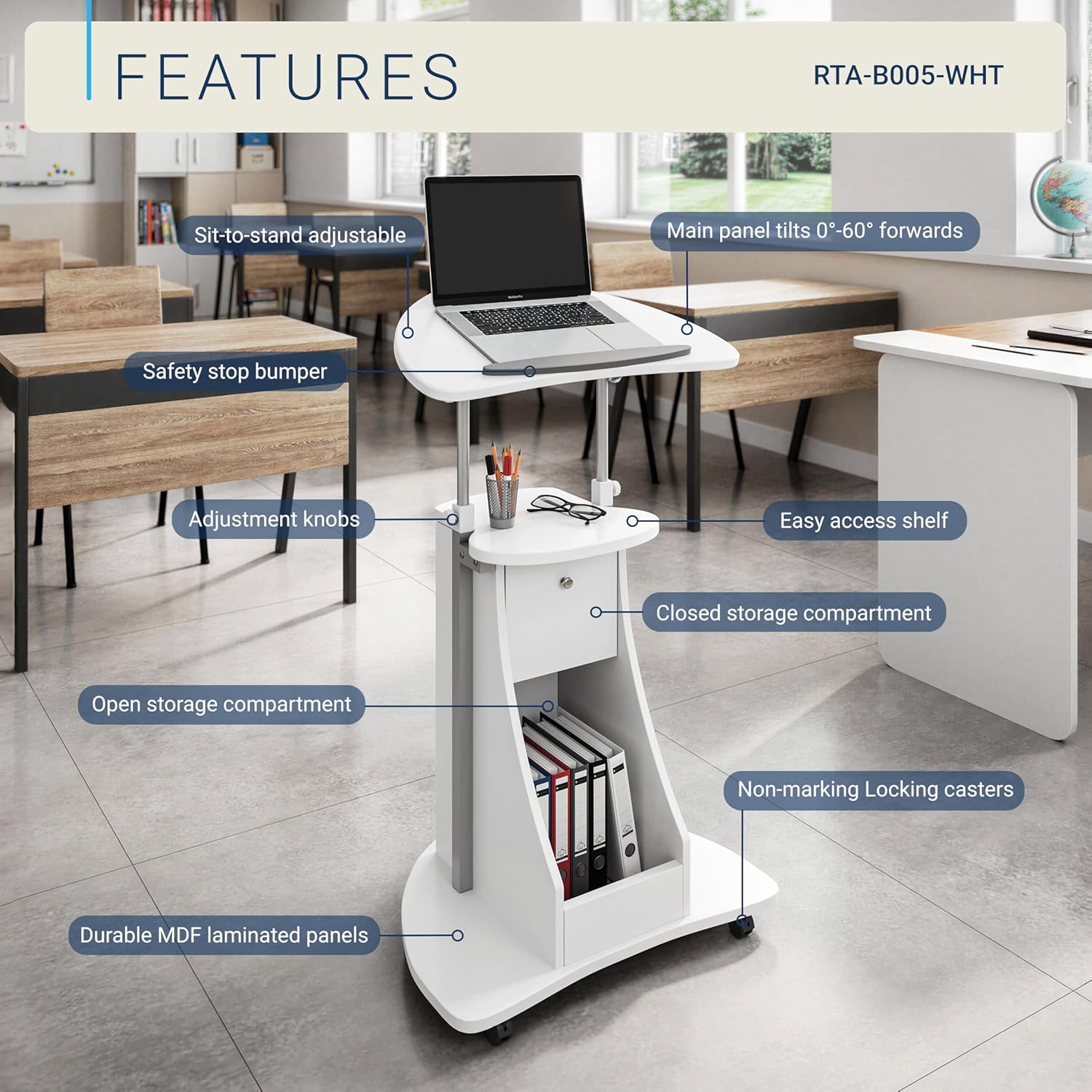 Techni Mobili Adjustable Height Rolling Laptop Cart with Storage, White