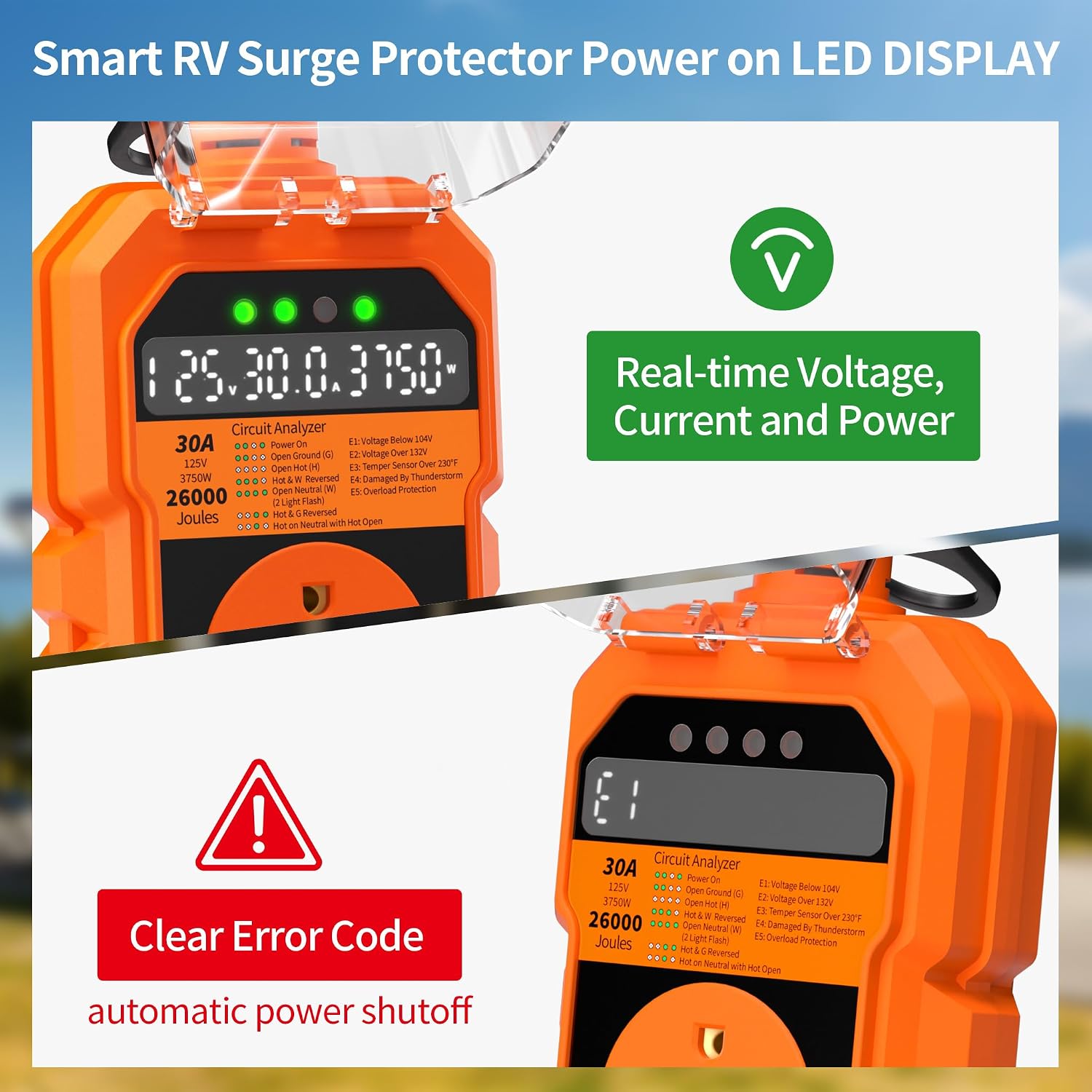 30 Amp RV Surge Protector 26000J Overload Auto Shutoff & Manual Reset