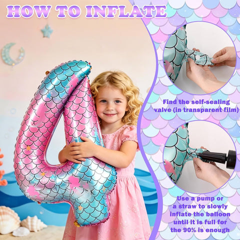 40 Inch Mermaid Number 4 Balloon, Sea Themed Birthday Decorations for Girls