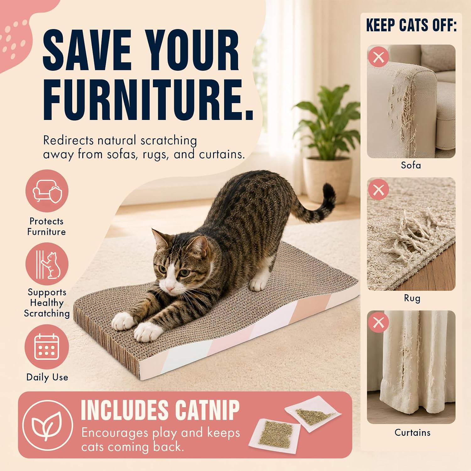 SIDAZON Cat Scratching Board cat Scratcher Cat Scratch Pad Cardboard cat scratchers for Indoor Cats Reversible Large Wide Corrugated with Catnip(2pcs)