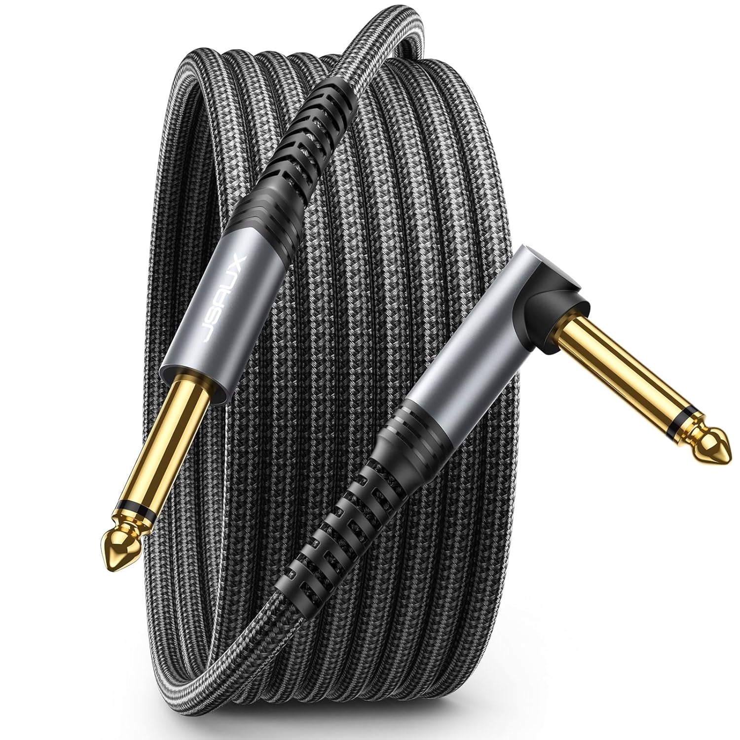 JSAUX Guitar Cable 6.6 ft, Amp Cord for Electric Guitar/Mandolin/Bass, Pro Audio Instrument Cable with 1/4" Tips(TS Port) Right Angle to Straight-Gray