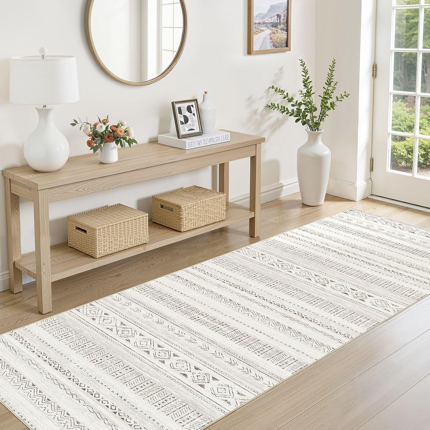 cotiled Hallway 2.6x8 Runner Rugs Washable Boho Rug Brown/Cream