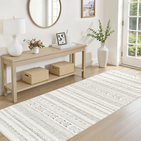 cotiled Hallway 2.6x8 Runner Rugs Washable Boho Rug Brown/Cream