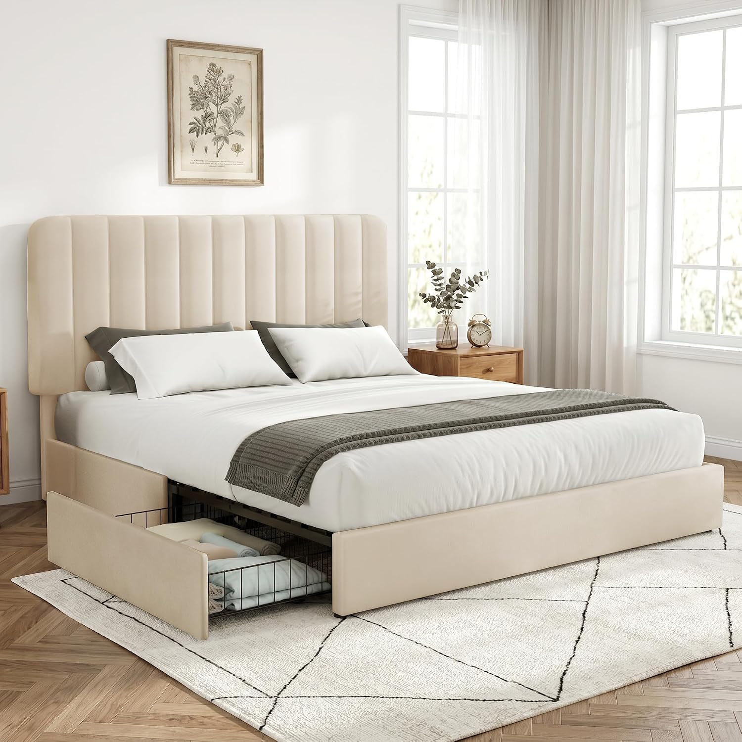 VECELO Full Size Upholstered Bed Frame with 4 Drawers and Headboard, Velvet Platform Storage Bedframe, Wooden Slats Support, No Box Spring Needed,Beige