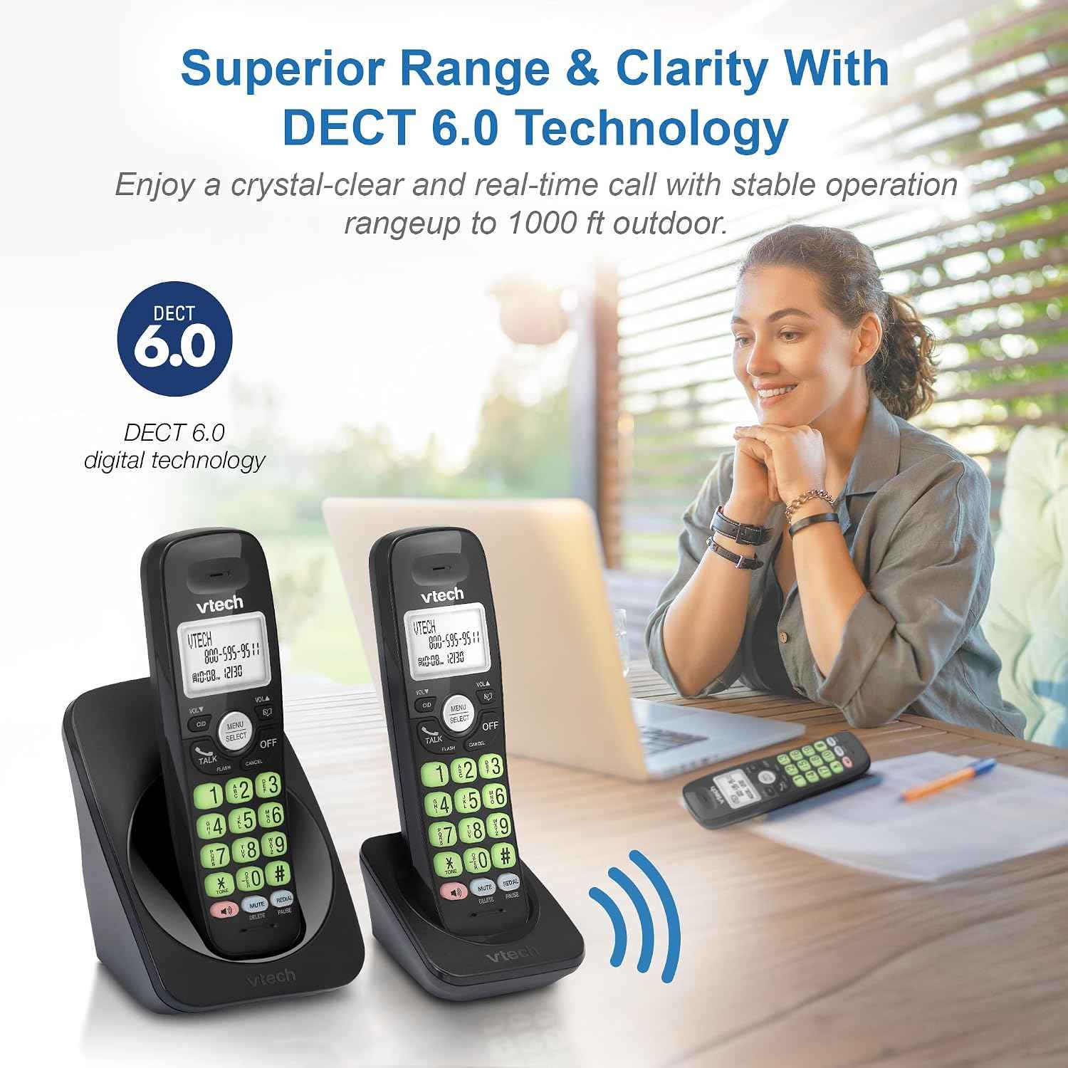 VTech 2-Handsets Cordless Phone with DECT 6.0, Full-Duplex Speakerphone, Lighted Display, Backlit Keypad, Caller ID/Call Waiting, Volume Control, Hearing Aid Compatible, Wall Mount | VG131-21 (Black)