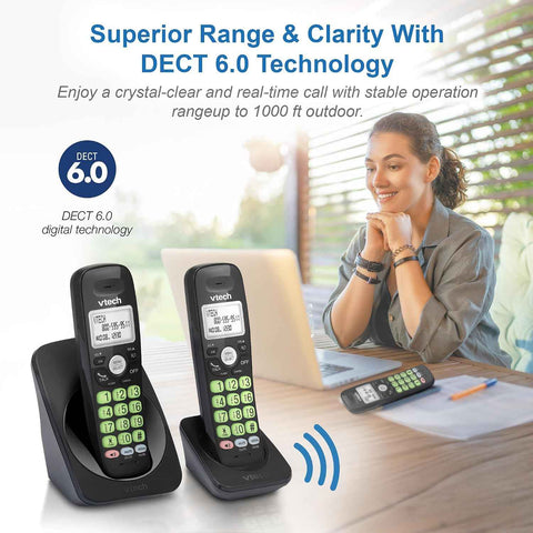 VTech 2-Handsets Cordless Phone with DECT 6.0, Full-Duplex Speakerphone, Lighted Display, Backlit Keypad, Caller ID/Call Waiting, Volume Control, Hearing Aid Compatible, Wall Mount | VG131-21 (Black)