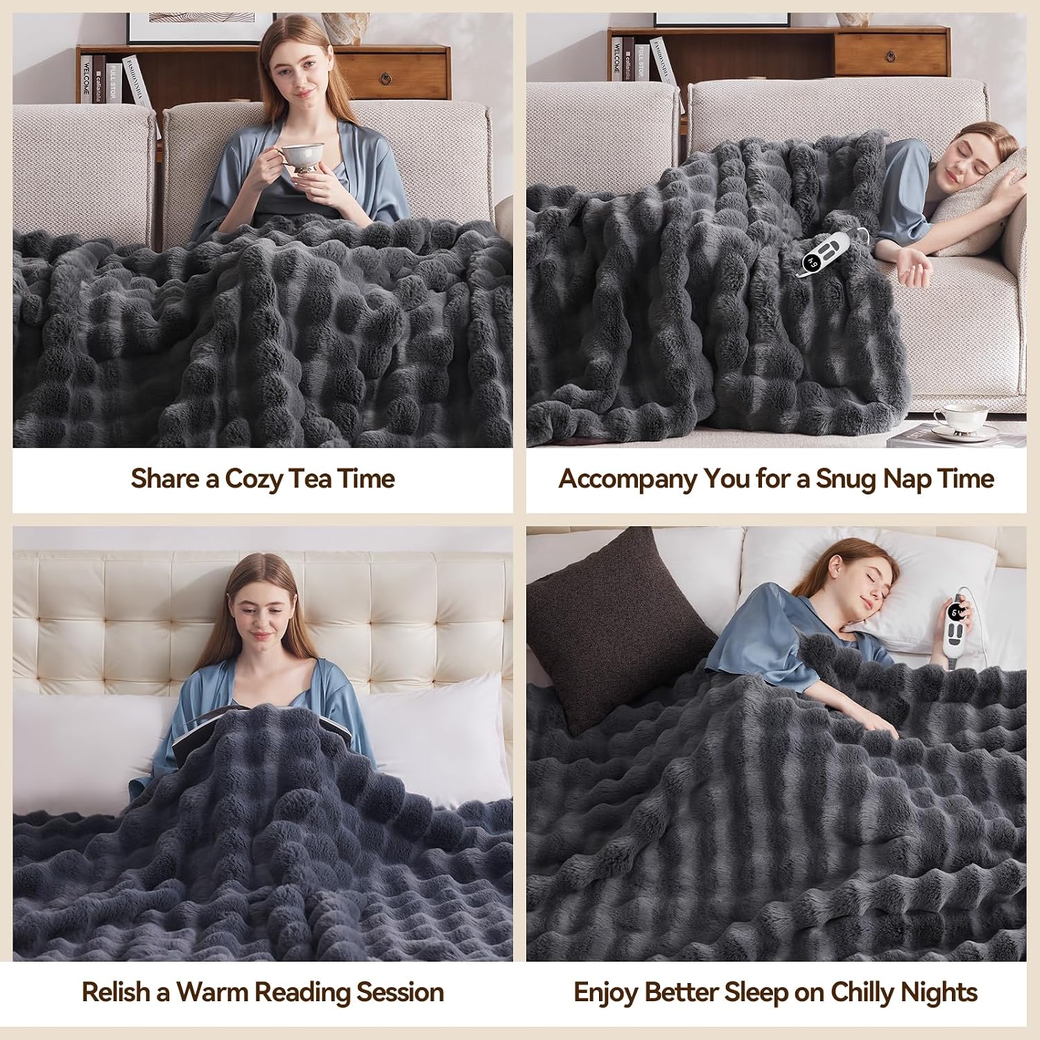 Anysay Heated Blanket Throw with 1/2/3/4 Hours Auto-Off 6 Heat Levels, 50" * 60" Cozy Faux Rabbit Fur Bubble Electric Blanket with Overheat Protection(Dark Grey)