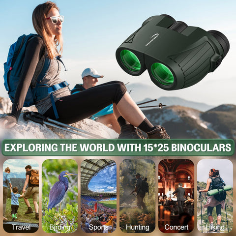 Aurosports 15x25 Compact Binoculars for Adult Kids - High Power Binoculars for Bird Watching - Easy Focus Small Binocular with Low Light Vision for Travel, Camping, Concert, Hiking -Green