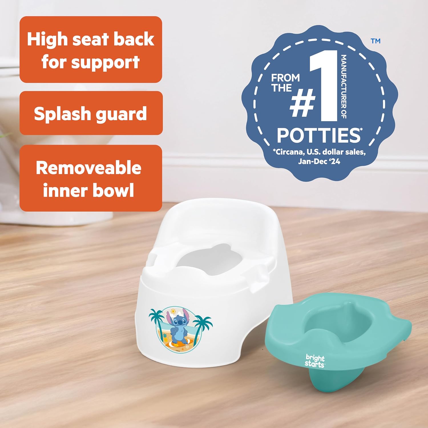 Bright Starts Disney Stitch Full Comfort Potty Training Toilet, Easy Clean Removable Bowl, Splash Guard, High Back for Comfort & Stability, Toddlers up to 50 lbs