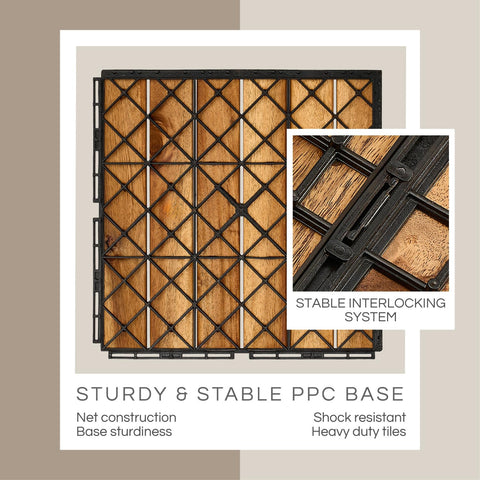 Premium Group Deck Tiles, Patio Flooring - Outdoor Waterproof Acacia Wood Tiles for All Weather Use - Balcony, Backyard, Indoor & Outdoor (Golden Teak, Set 30 Striped Pattern)